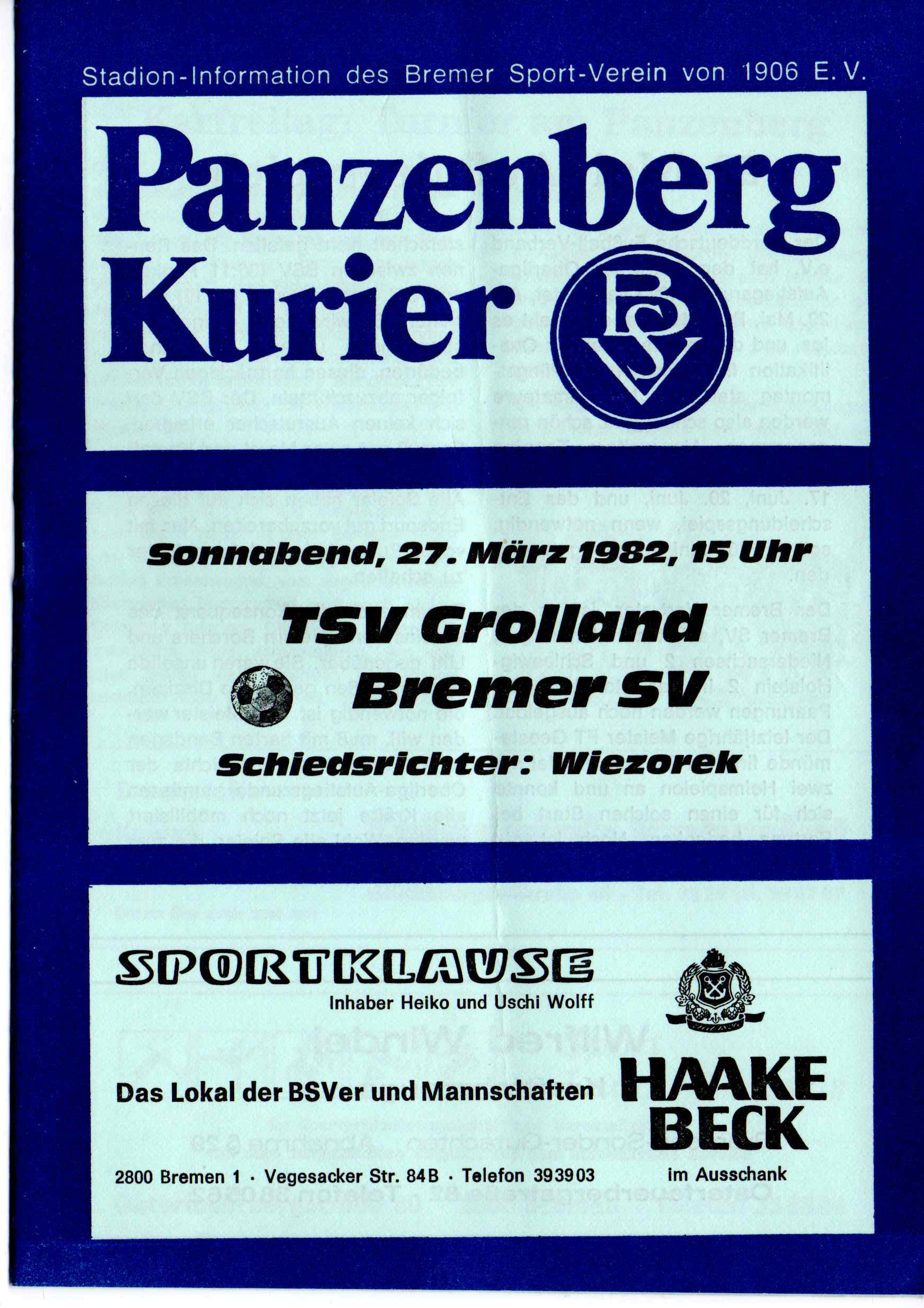 24. Spieltag [27.03.1982] Bremer SV vs. TSV Grolland