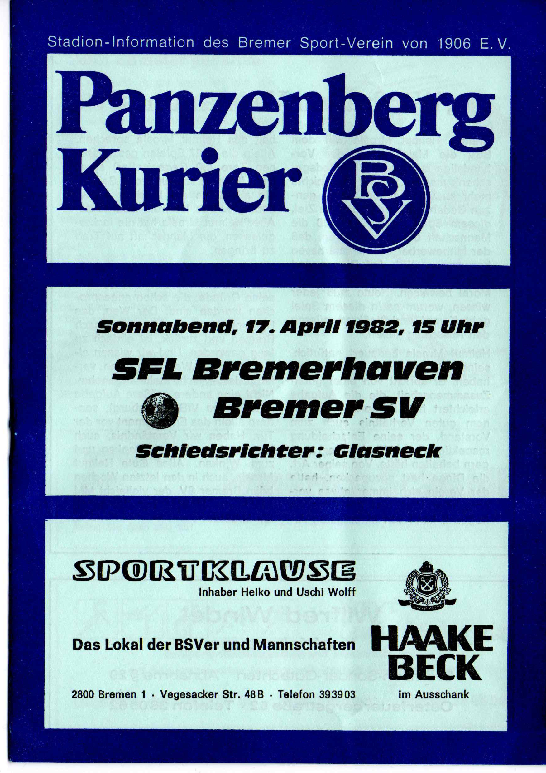 28. Spieltag [17.04.1982] Bremer SV vs. SFL Bremerhaven